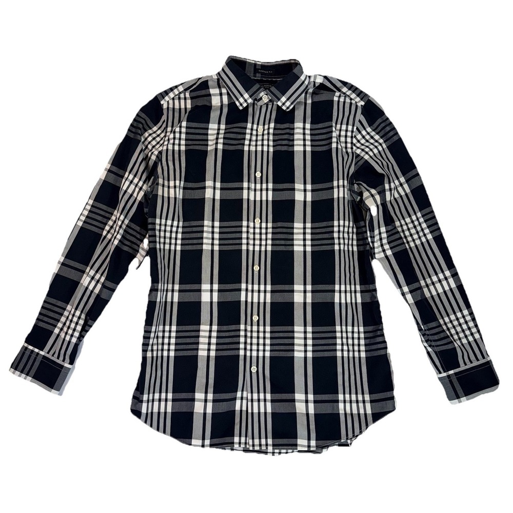 BANANA REPUBLIC Camden Fit Black White Plaid Button Down Shirt Large Non Iron